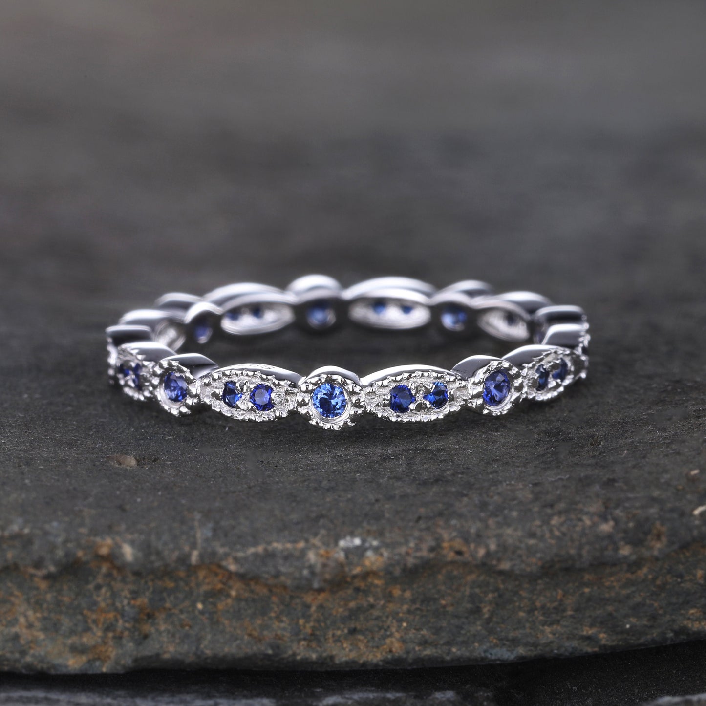 Sapphire Ring, Full Eternity Sapphire Wedding Band, September Birthstone Ring, Art deco Matching Band, Anniversary Gift, Sterling Sliver