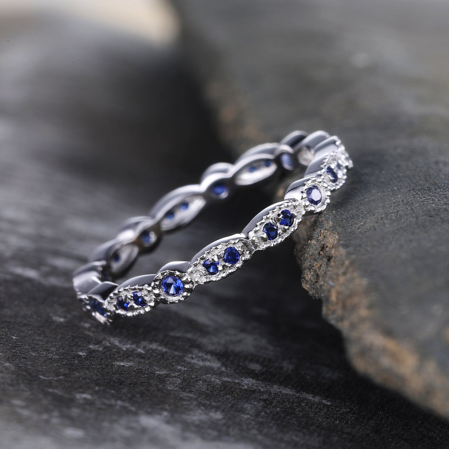 Sapphire Ring, Full Eternity Sapphire Wedding Band, September Birthstone Ring, Art deco Matching Band, Anniversary Gift, Sterling Sliver