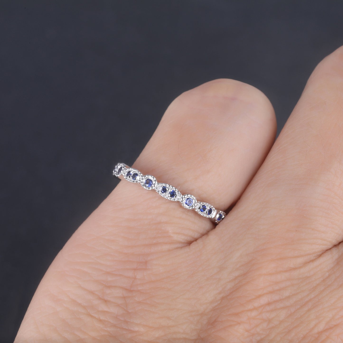 Sapphire Ring, Full Eternity Sapphire Wedding Band, September Birthstone Ring, Art deco Matching Band, Anniversary Gift, Sterling Sliver
