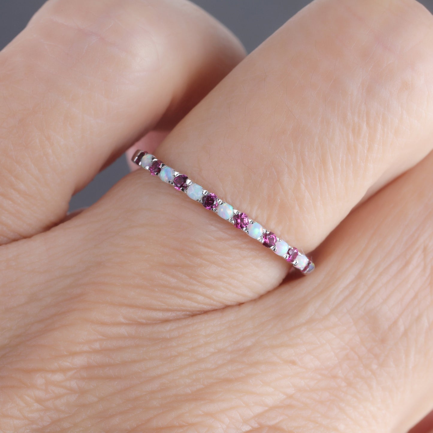 Half Eternity Opal Ruby Wedding Ring, Dainty Opal Wedding Band, Sterling Silver Ring, October Birthstone Ring, Anniversary Gift for Her