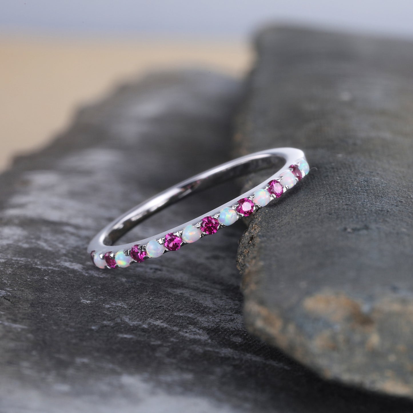 Half Eternity Opal Ruby Wedding Ring, Dainty Opal Wedding Band, Sterling Silver Ring, October Birthstone Ring, Anniversary Gift for Her