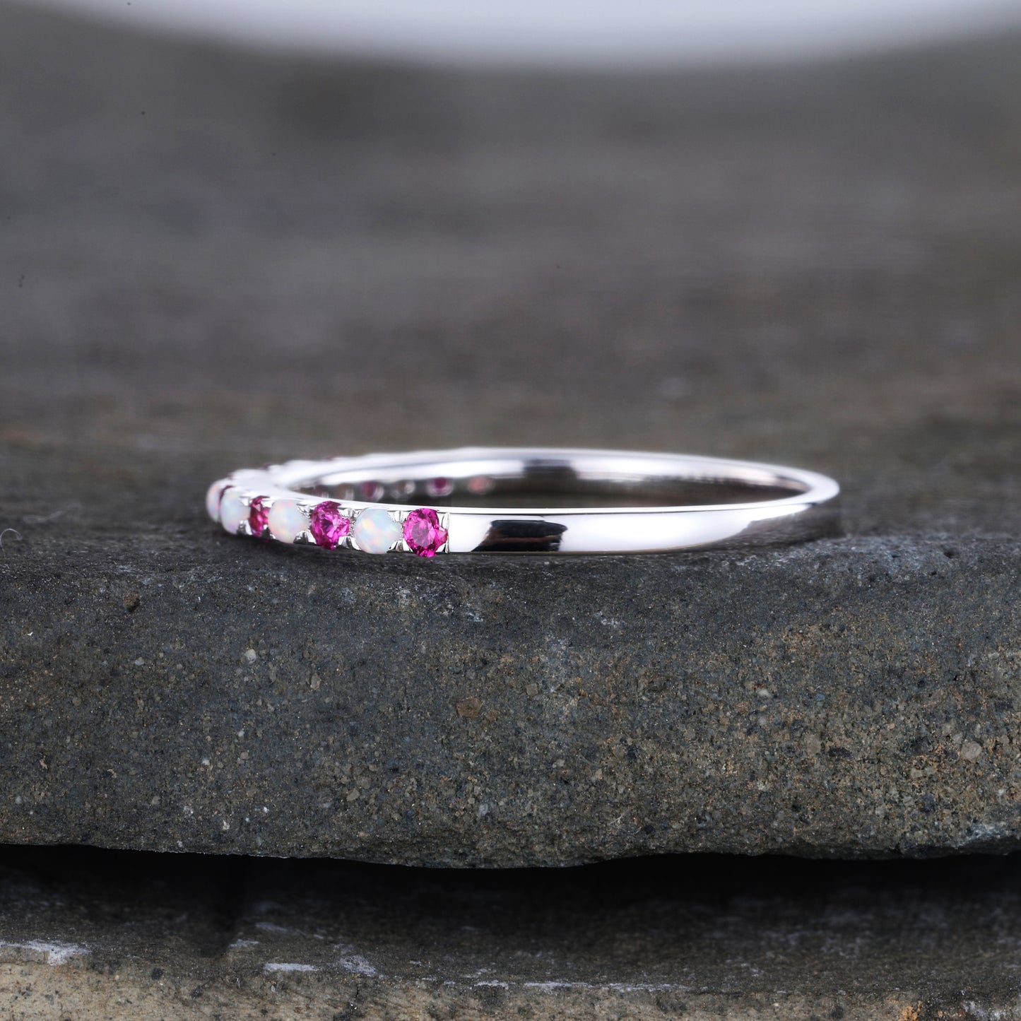 Half Eternity Opal Ruby Wedding Ring, Dainty Opal Wedding Band, Sterling Silver Ring, October Birthstone Ring, Anniversary Gift for Her