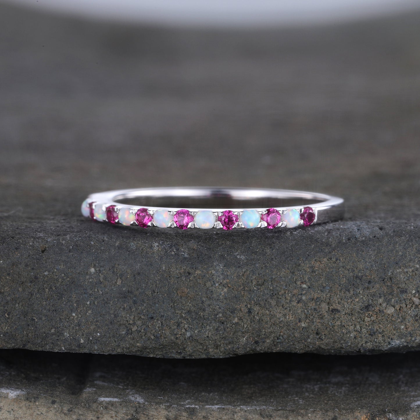 Half Eternity Opal Ruby Wedding Ring, Dainty Opal Wedding Band, Sterling Silver Ring, October Birthstone Ring, Anniversary Gift for Her