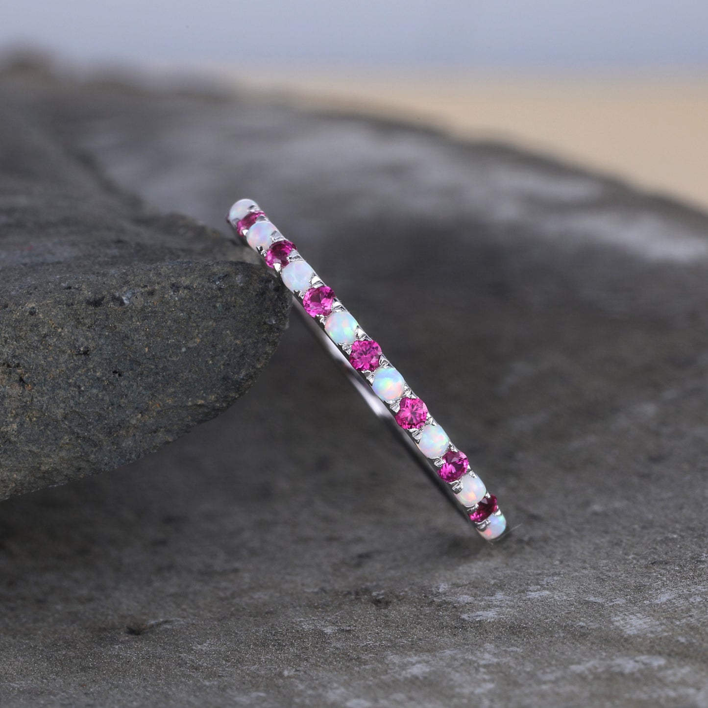 Half Eternity Opal Ruby Wedding Ring, Dainty Opal Wedding Band, Sterling Silver Ring, October Birthstone Ring, Anniversary Gift for Her