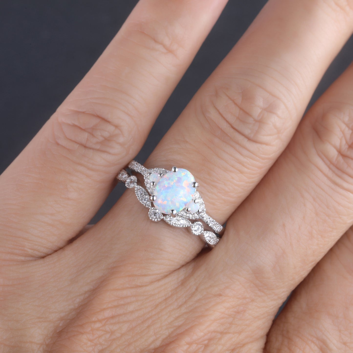 White Opal Engagement Ring Set, Rose Gold Rings for Women, Art Deco Stacking Band, Oval Cut Bridal Set, Unique Curved Wedding Band, Handmade