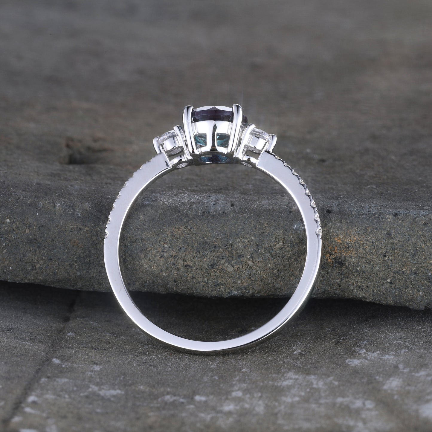 Three stone Alexandrite ring sterling silver ring for women 6mm round cut Alexandrite engagement ring moonstone ring promise ring gift