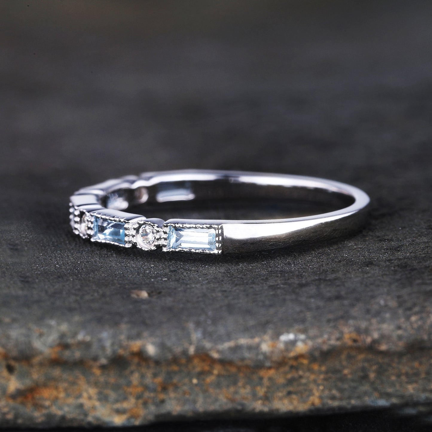 Aquamarine Ring, Half Eternity Baguette Aquamarine Wedding Band, March Birthstone Ring, Art deco Wedding Ring, Anniversary Gift, Silver
