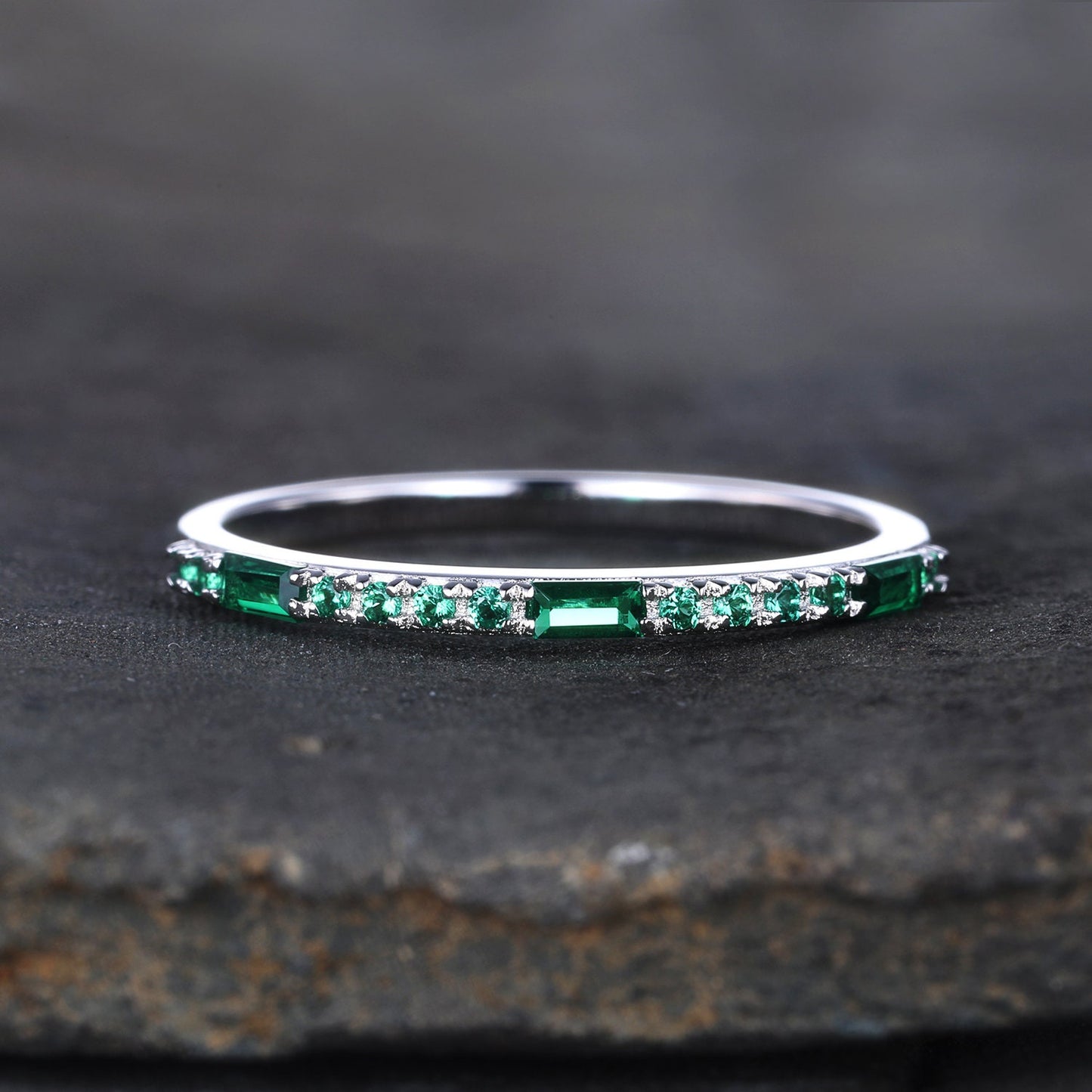 Emerald Ring, Sterling Silver Ring, Half Eternity Emerald Wedding Band, Baguette Ring, Stacking Band, May Birthstone, Anniversary Ring