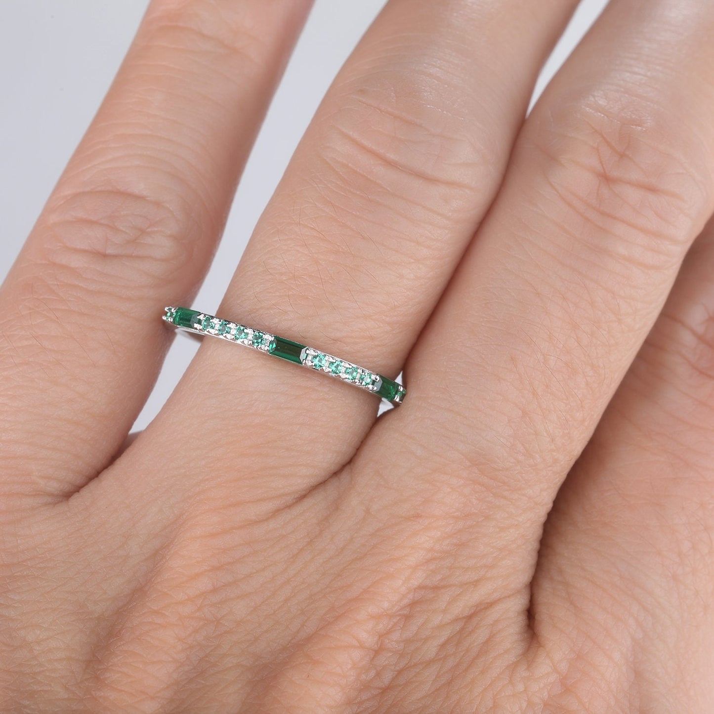 Emerald Ring, Sterling Silver Ring, Half Eternity Emerald Wedding Band, Baguette Ring, Stacking Band, May Birthstone, Anniversary Ring