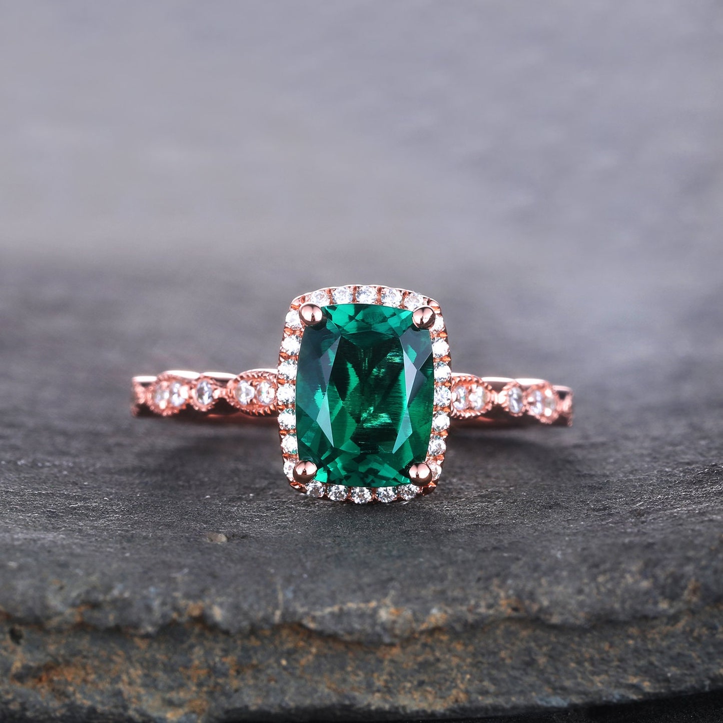 Emerald Ring, Cushion Emerald Engagement Ring, Rose Gold Emerald Ring, May Birthstone Ring, Art deco Wedding Band, Promise Bridal Ring