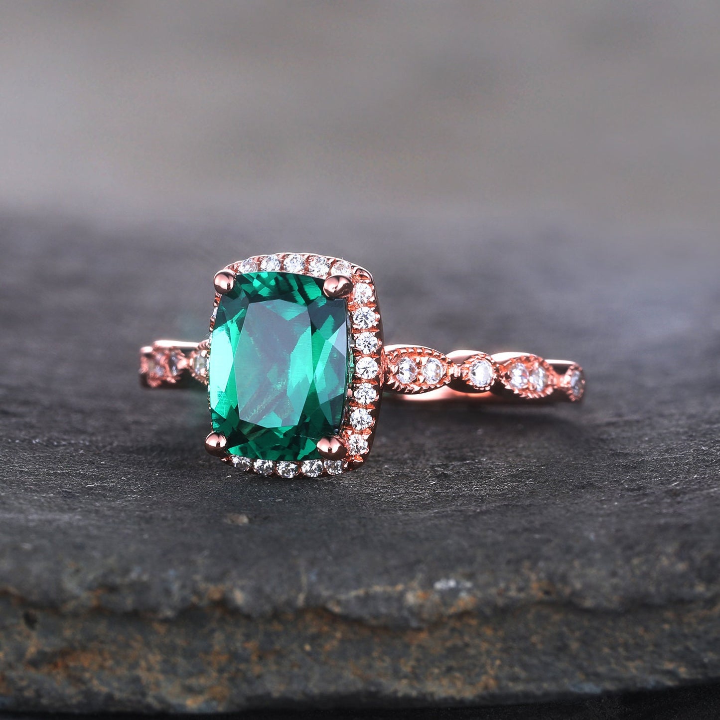 Emerald Ring, Cushion Emerald Engagement Ring, Rose Gold Emerald Ring, May Birthstone Ring, Art deco Wedding Band, Promise Bridal Ring