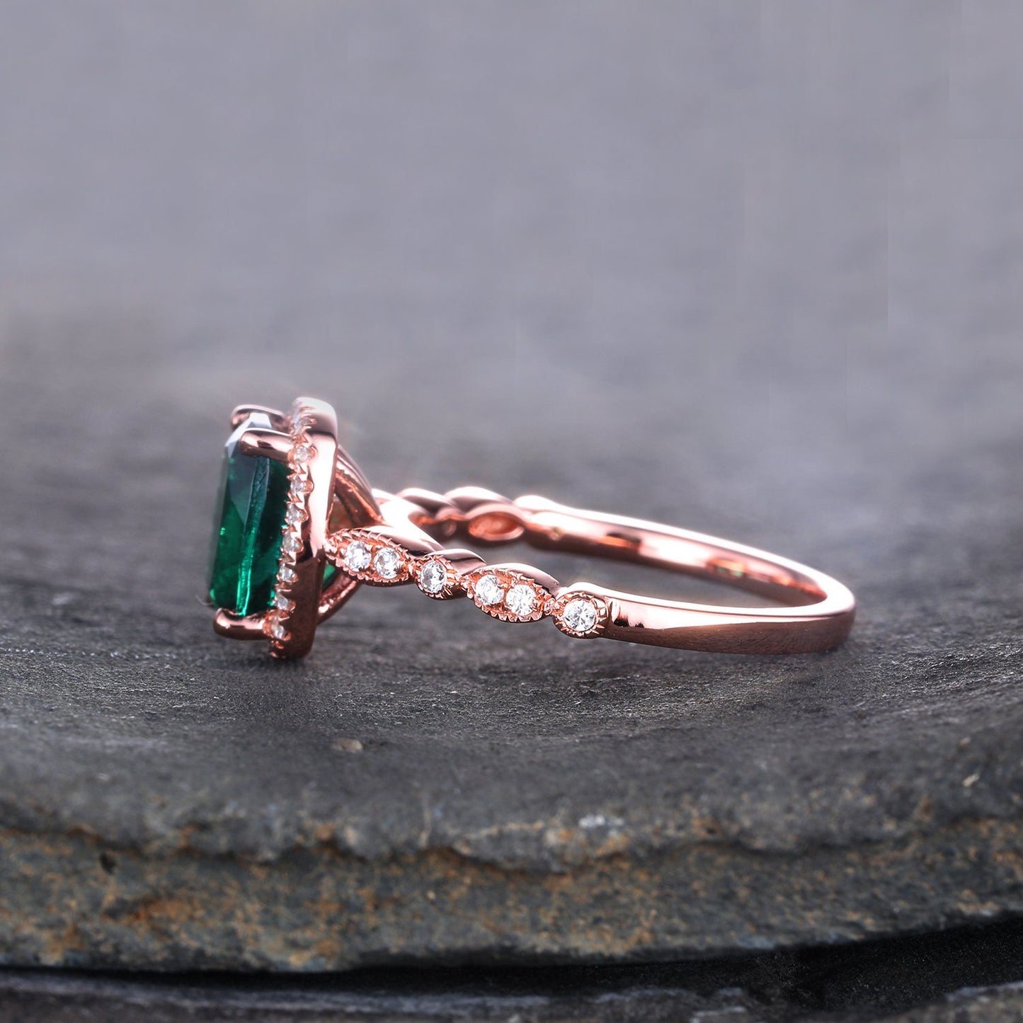 Emerald Ring, Cushion Emerald Engagement Ring, Rose Gold Emerald Ring, May Birthstone Ring, Art deco Wedding Band, Promise Bridal Ring