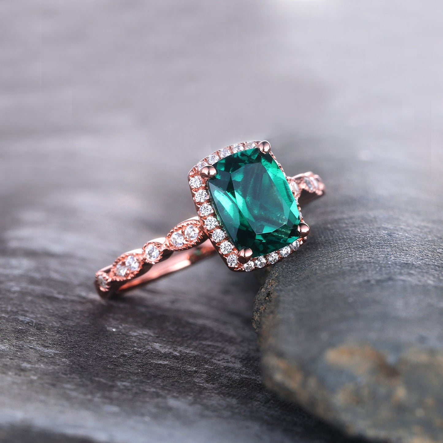 Emerald Ring, Cushion Emerald Engagement Ring, Rose Gold Emerald Ring, May Birthstone Ring, Art deco Wedding Band, Promise Bridal Ring