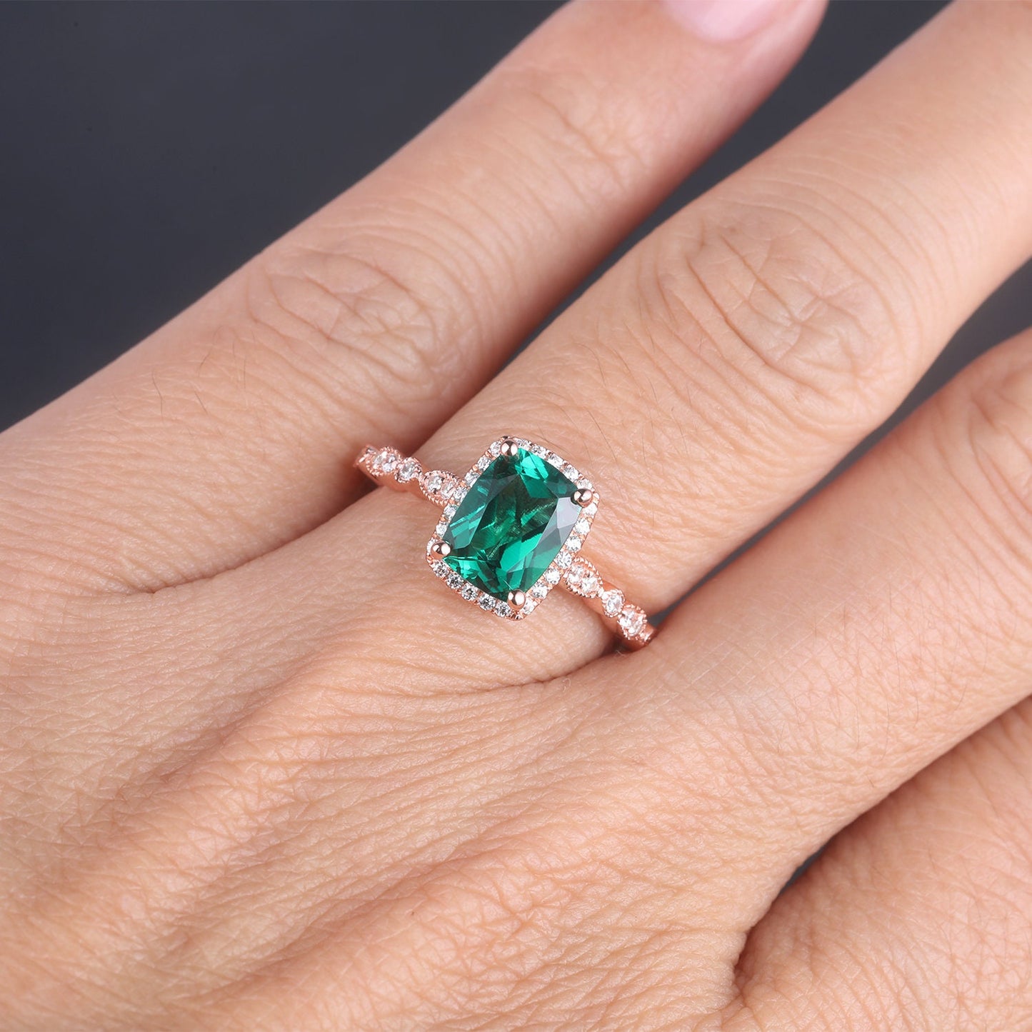 Emerald Ring, Cushion Emerald Engagement Ring, Rose Gold Emerald Ring, May Birthstone Ring, Art deco Wedding Band, Promise Bridal Ring