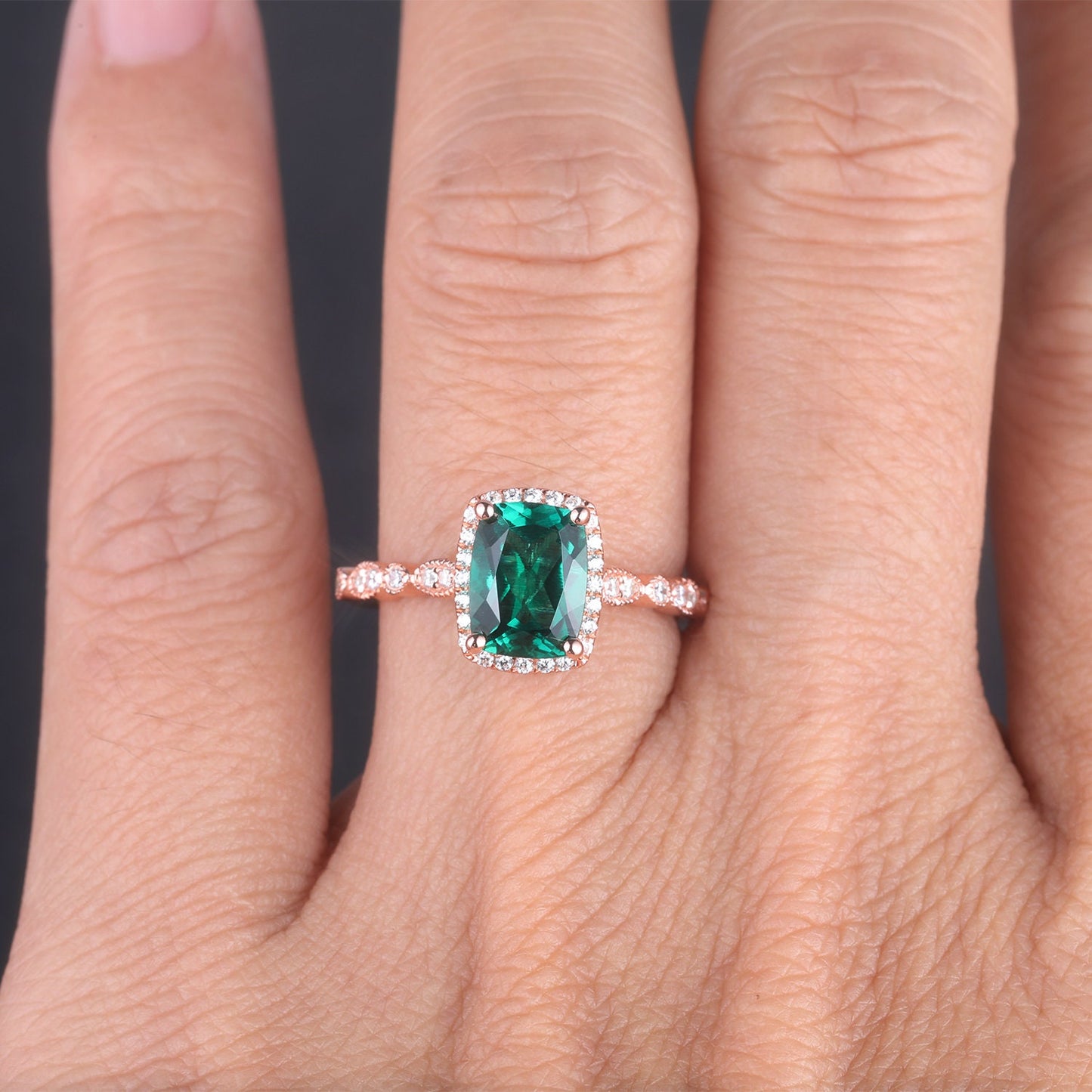 Emerald Ring, Cushion Emerald Engagement Ring, Rose Gold Emerald Ring, May Birthstone Ring, Art deco Wedding Band, Promise Bridal Ring