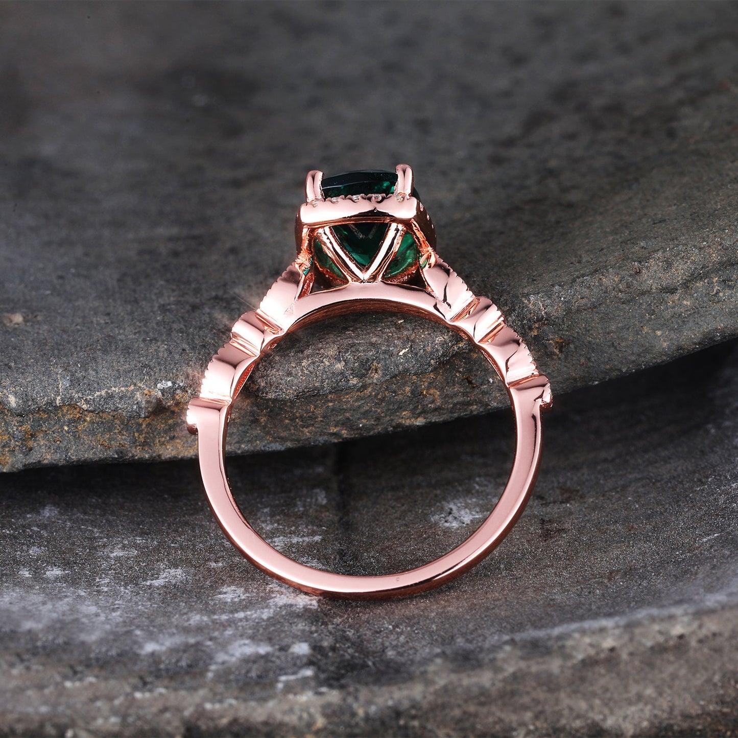 Emerald Ring, Cushion Emerald Engagement Ring, Rose Gold Emerald Ring, May Birthstone Ring, Art deco Wedding Band, Promise Bridal Ring