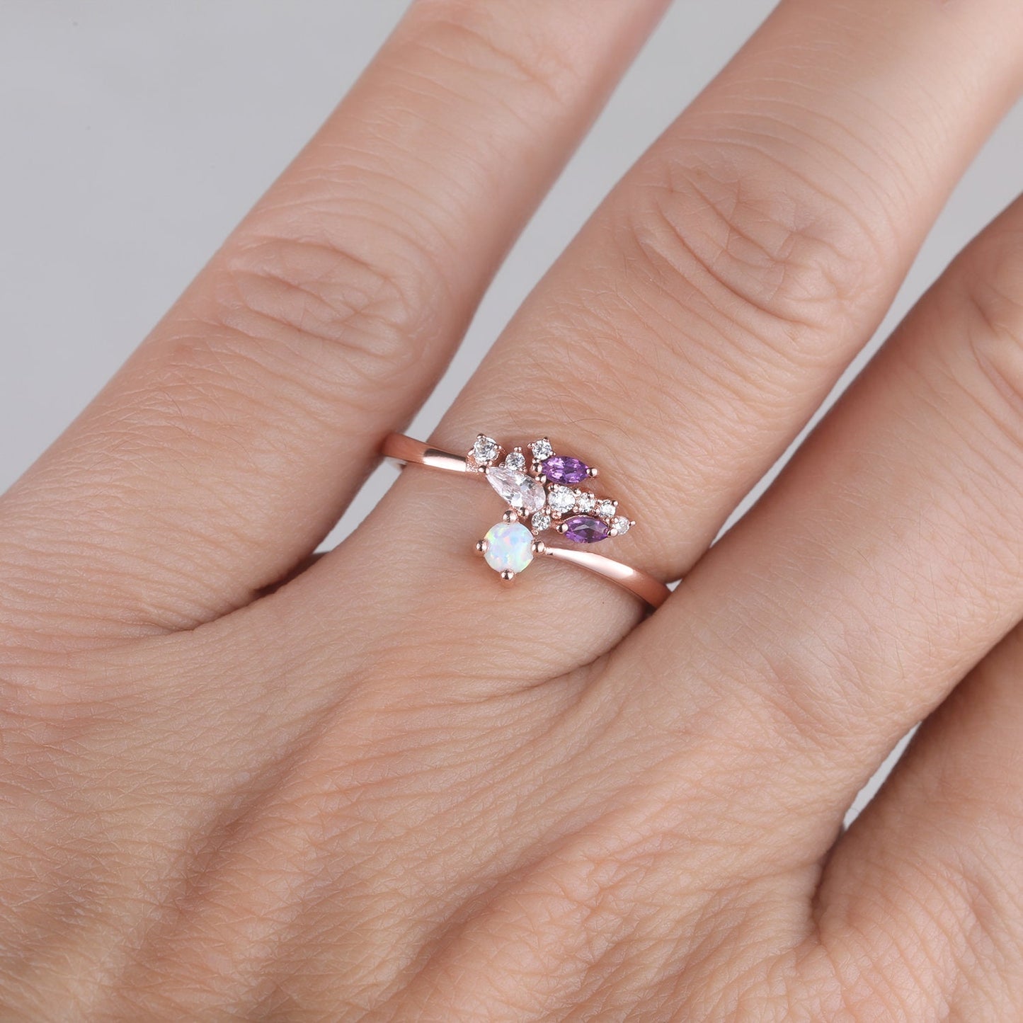 Unique Opal Wedding Ring Opal Amethyst Ring Rose Gold Opal Ring Vintage Cluster Ring Art deco Wedding Ring Anniversary Promise Bridal Ring