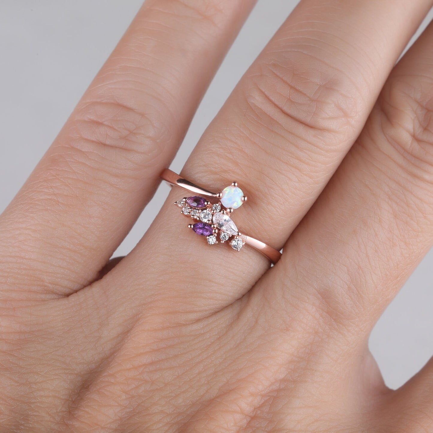 Unique Opal Wedding Ring Opal Amethyst Ring Rose Gold Opal Ring Vintage Cluster Ring Art deco Wedding Ring Anniversary Promise Bridal Ring