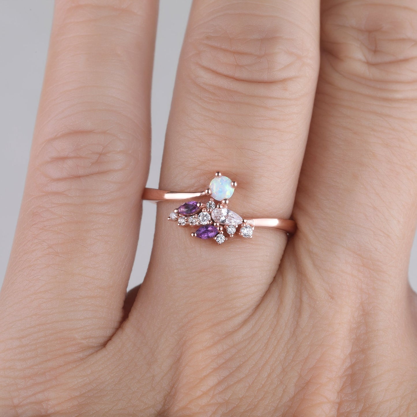 Unique Opal Wedding Ring Opal Amethyst Ring Rose Gold Opal Ring Vintage Cluster Ring Art deco Wedding Ring Anniversary Promise Bridal Ring