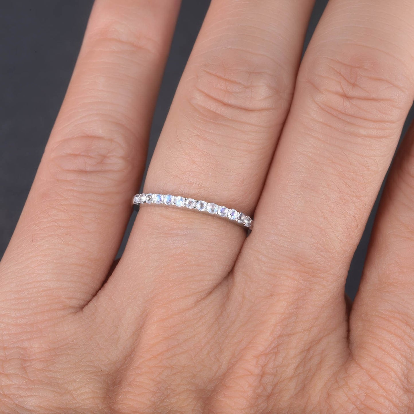 Half Eternity Band, 1.5mm Moonstone Wedding Band, White Gold Ring, Rainbow Moonstone Ring, Dainty Ring, Stacking Band, Anniversary Gift