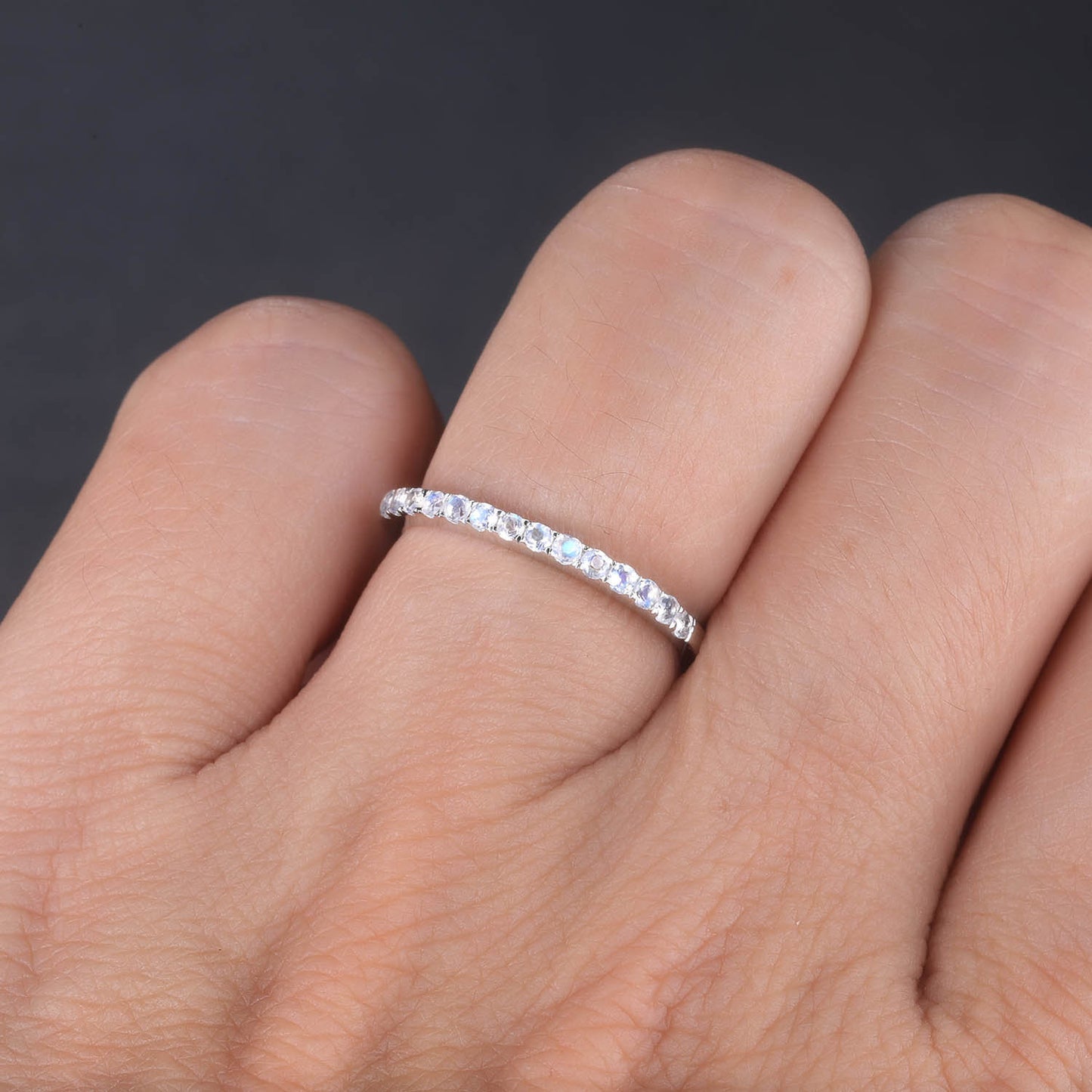 Half Eternity Band, 1.5mm Moonstone Wedding Band, White Gold Ring, Rainbow Moonstone Ring, Dainty Ring, Stacking Band, Anniversary Gift