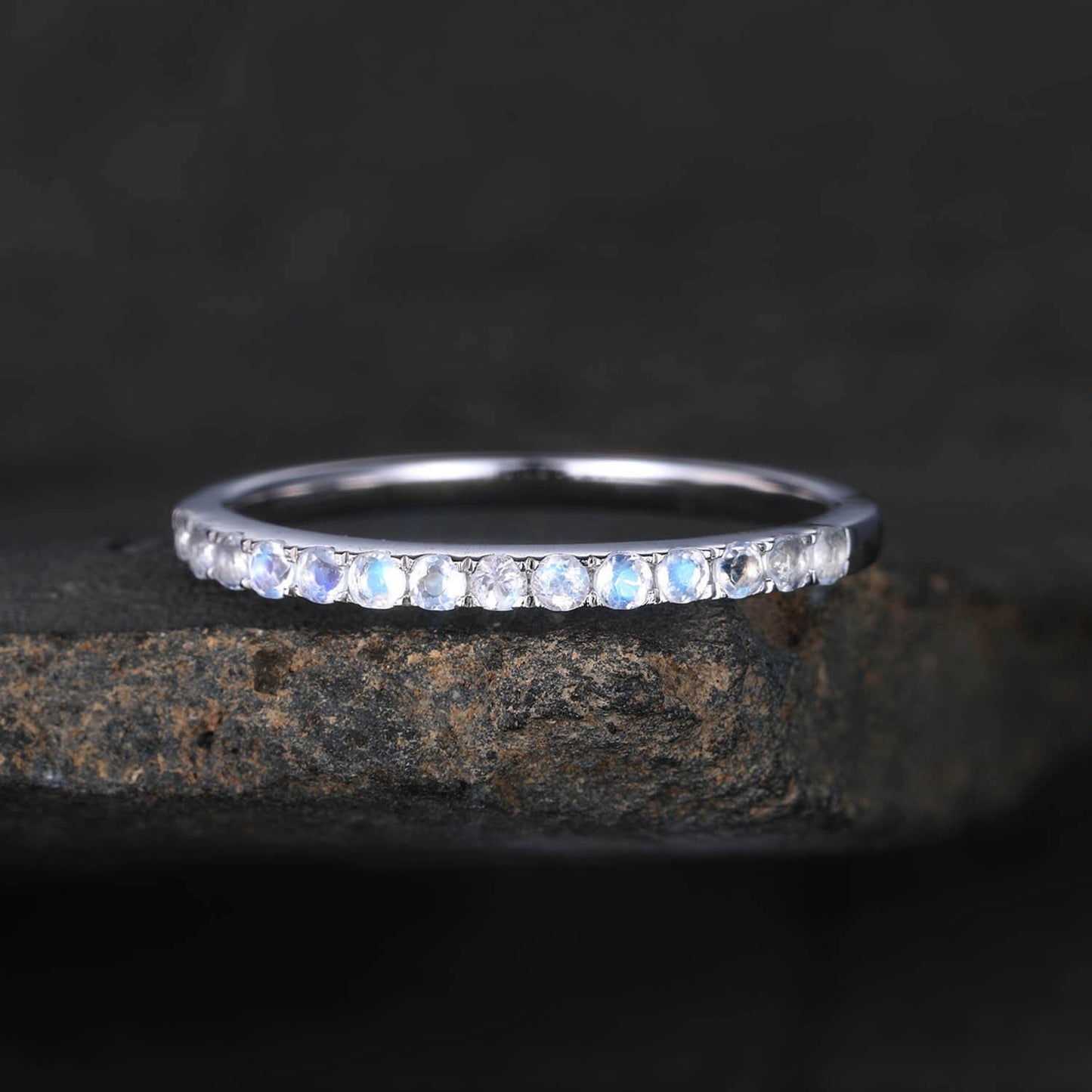 Half Eternity Band, 1.5mm Moonstone Wedding Band, White Gold Ring, Rainbow Moonstone Ring, Dainty Ring, Stacking Band, Anniversary Gift