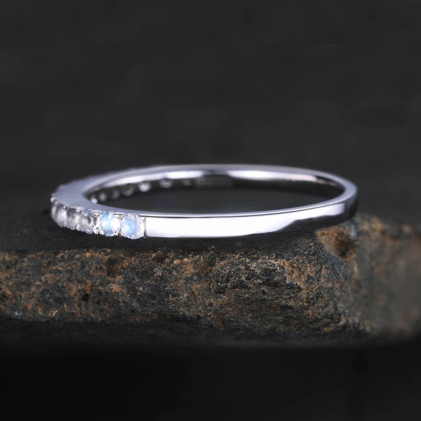Half Eternity Band, 1.5mm Moonstone Wedding Band, White Gold Ring, Rainbow Moonstone Ring, Dainty Ring, Stacking Band, Anniversary Gift