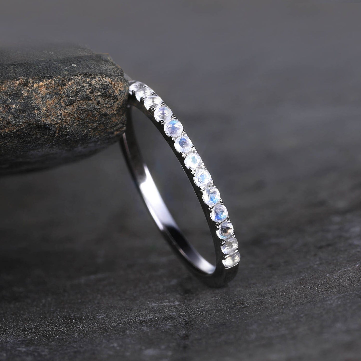 Half Eternity Band, 1.5mm Moonstone Wedding Band, White Gold Ring, Rainbow Moonstone Ring, Dainty Ring, Stacking Band, Anniversary Gift