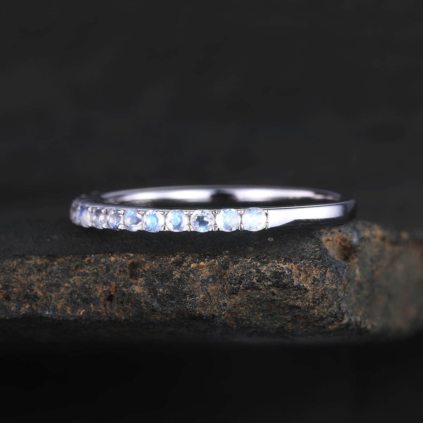 Half Eternity Band, 1.5mm Moonstone Wedding Band, White Gold Ring, Rainbow Moonstone Ring, Dainty Ring, Stacking Band, Anniversary Gift