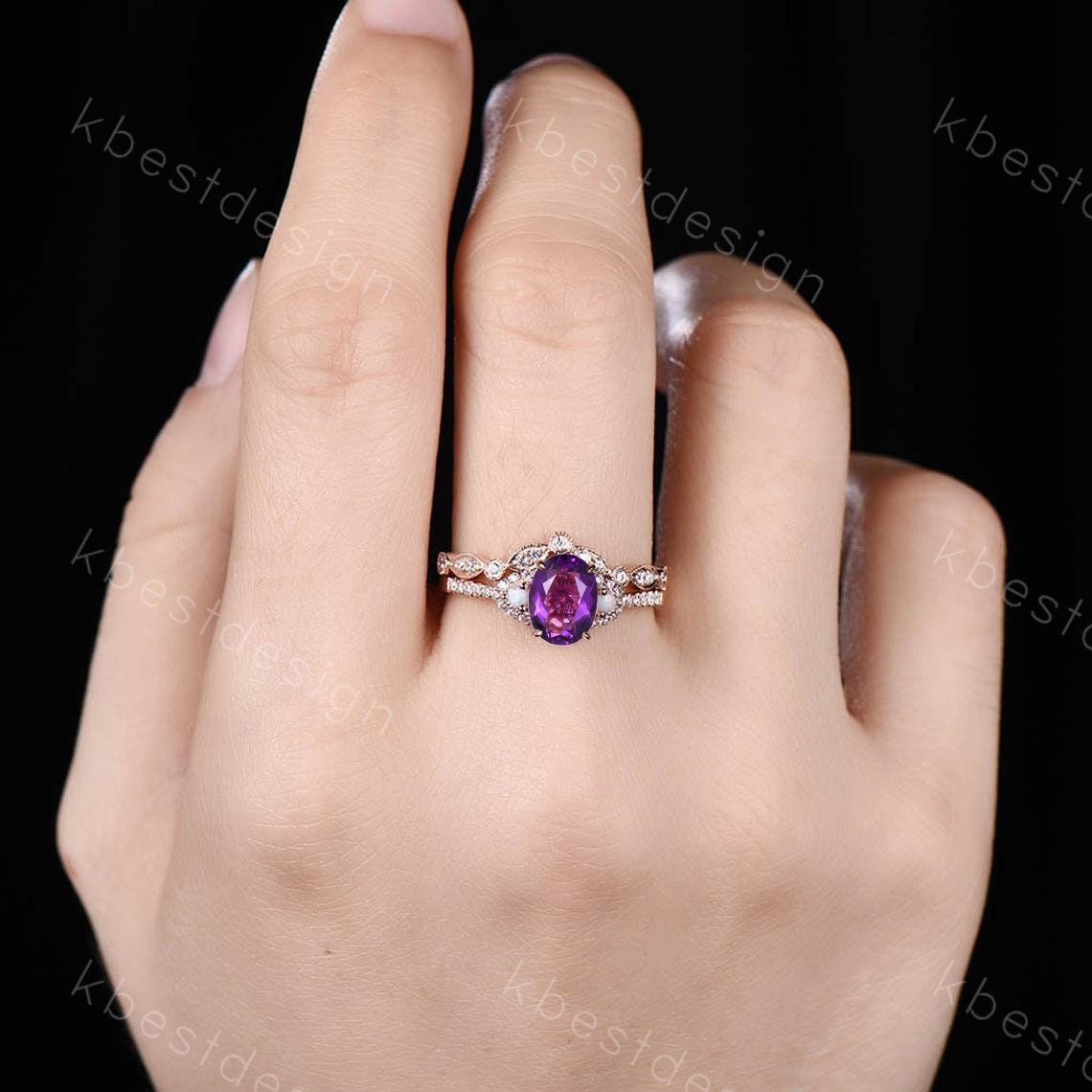 Purple Amethyst Ring, Vintage Engagement Ring Set, Rose Gold Ring, February Birthstone Ring, Art Deco Bridal Ring Set, Anniversary Ring