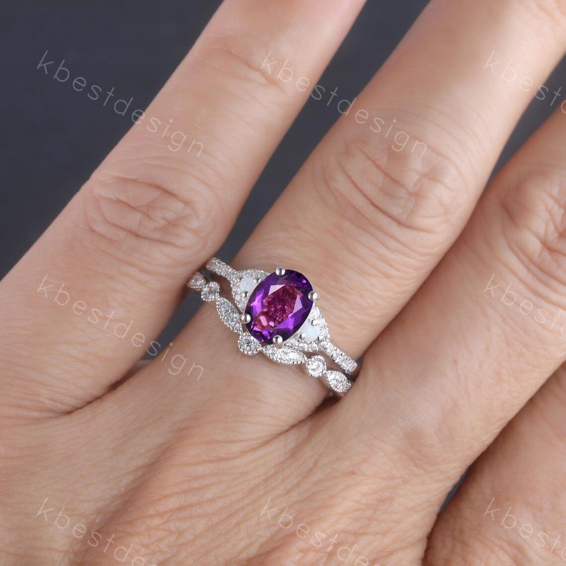 Purple Amethyst Ring, Vintage Engagement Ring Set, Rose Gold Ring, February Birthstone Ring, Art Deco Bridal Ring Set, Anniversary Ring