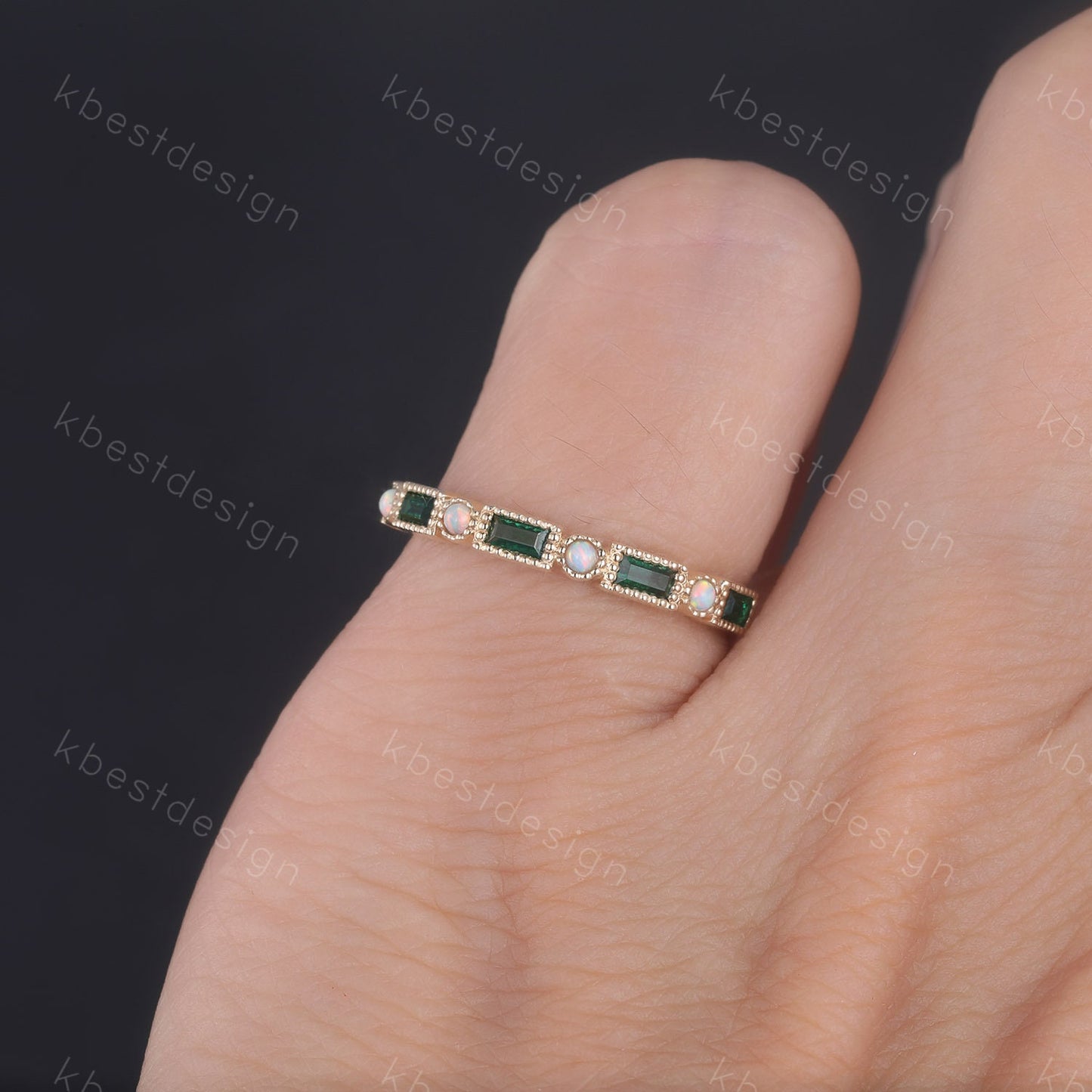 Emerald Wedding Band Baguette Emerald and Opal Wedding Ring Eemrald Gold Ring Vintage Art Deco Stacking Band Anniversary Ring Gift