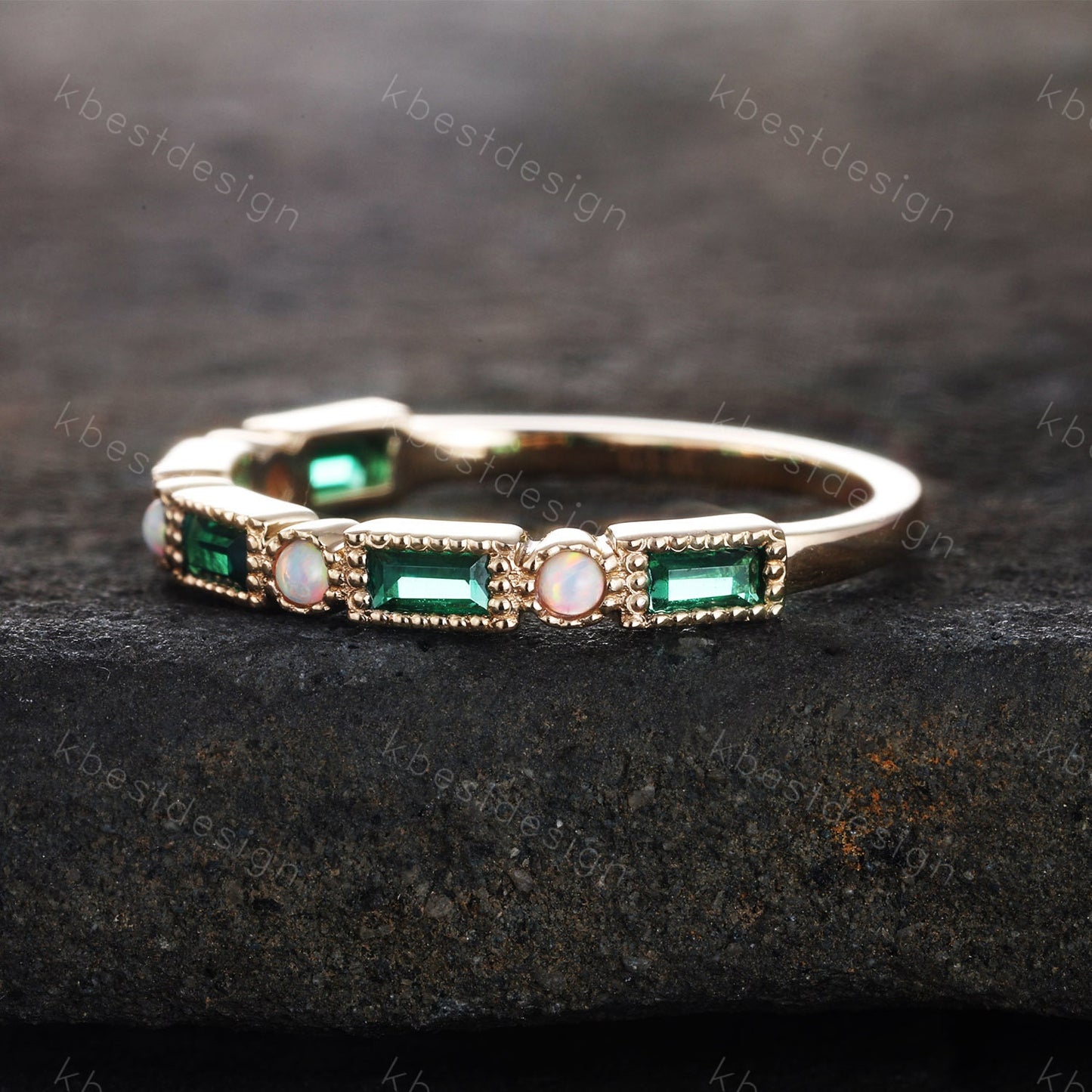 Emerald Wedding Band Baguette Emerald and Opal Wedding Ring Eemrald Gold Ring Vintage Art Deco Stacking Band Anniversary Ring Gift