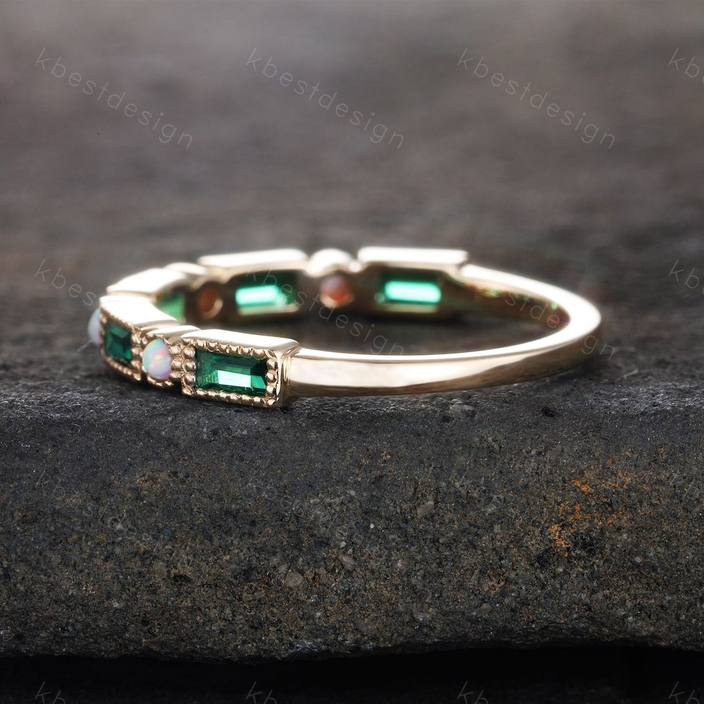Emerald Wedding Band Baguette Emerald and Opal Wedding Ring Eemrald Gold Ring Vintage Art Deco Stacking Band Anniversary Ring Gift