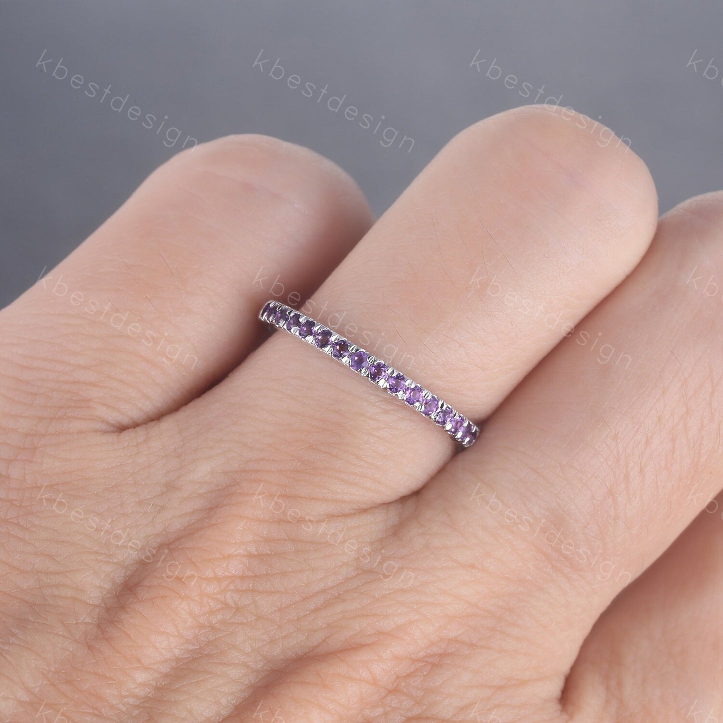 Amethyst Wedding Band, 1.5mm Half Eternity Amethyst Wedding Ring, Sterling Silver Ring, February Birthstone, Gemstone Band, Matching Band