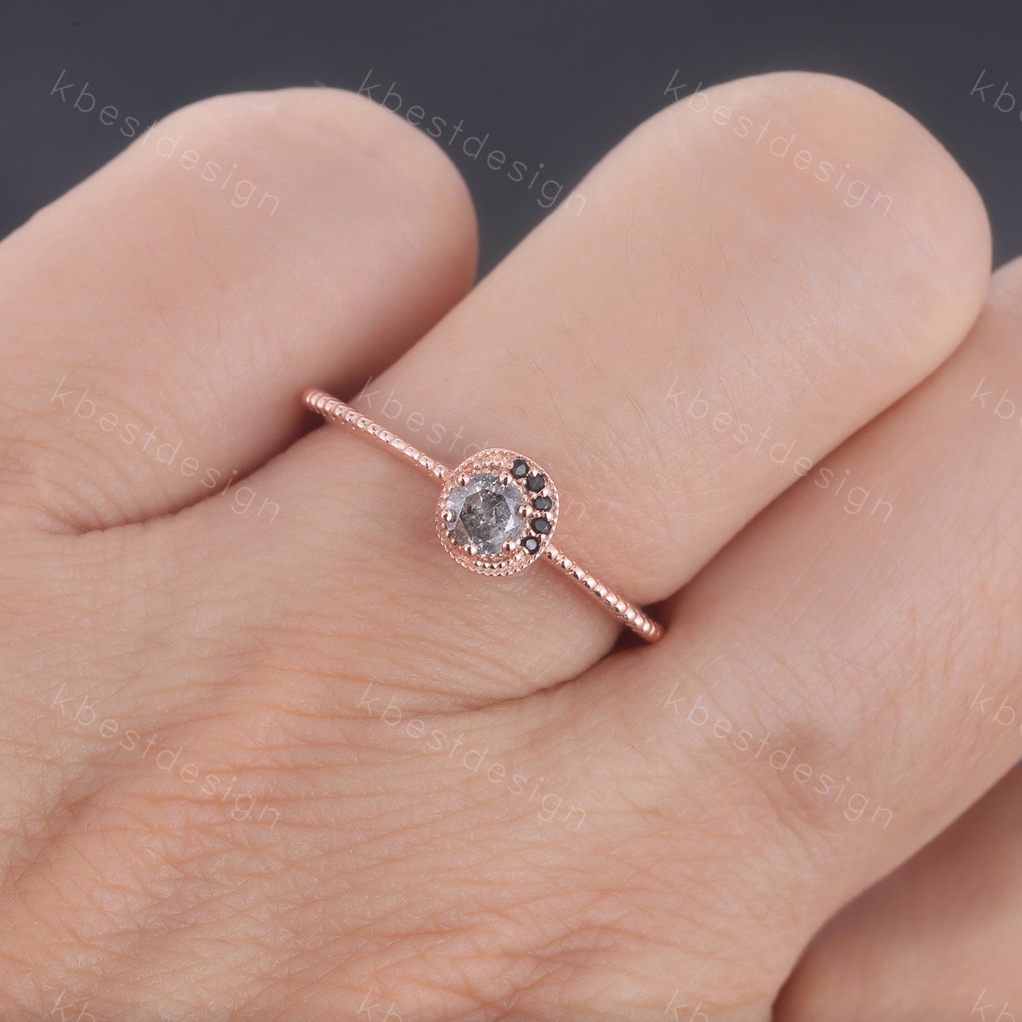 Vintage Salt and Pepper Diamond Engagement Ring Black Diamond Ring Unique Wedding Ring Rose Gold Ring Round Shaped Bridal Ring Promise Ring