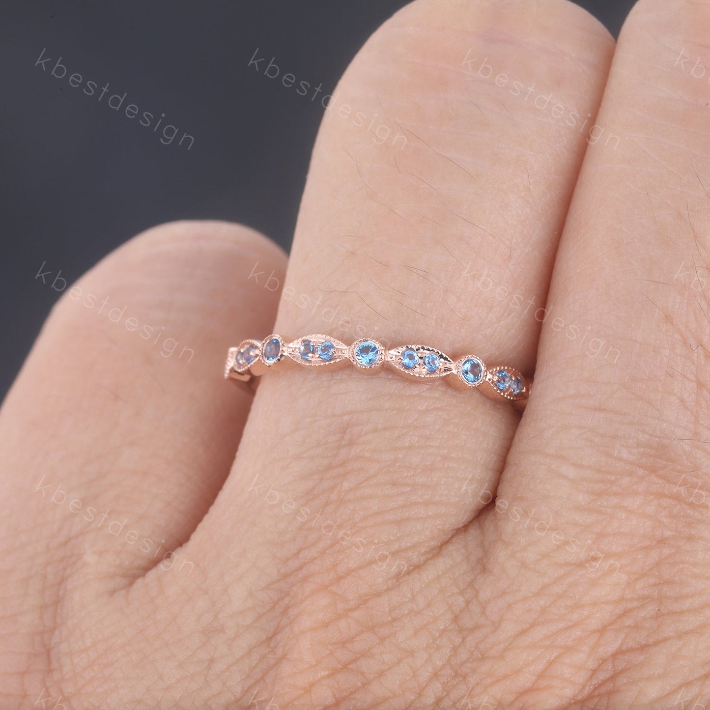 Blue Topaz Wedding Ring, Art deco Wedding Band, December Birthstone Ring, Half Eternity Band, Stacking Matching Band, Anniversary Gift