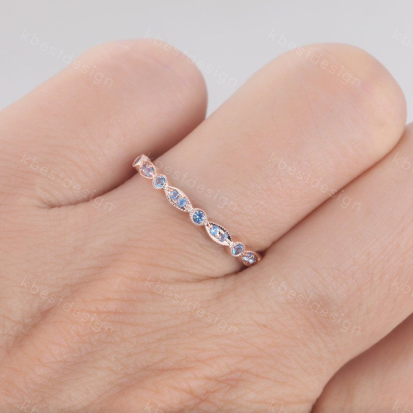 Blue Topaz Wedding Ring, Art deco Wedding Band, December Birthstone Ring, Half Eternity Band, Stacking Matching Band, Anniversary Gift