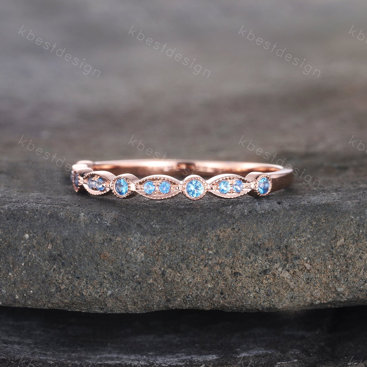 Blue Topaz Wedding Ring, Art deco Wedding Band, December Birthstone Ring, Half Eternity Band, Stacking Matching Band, Anniversary Gift