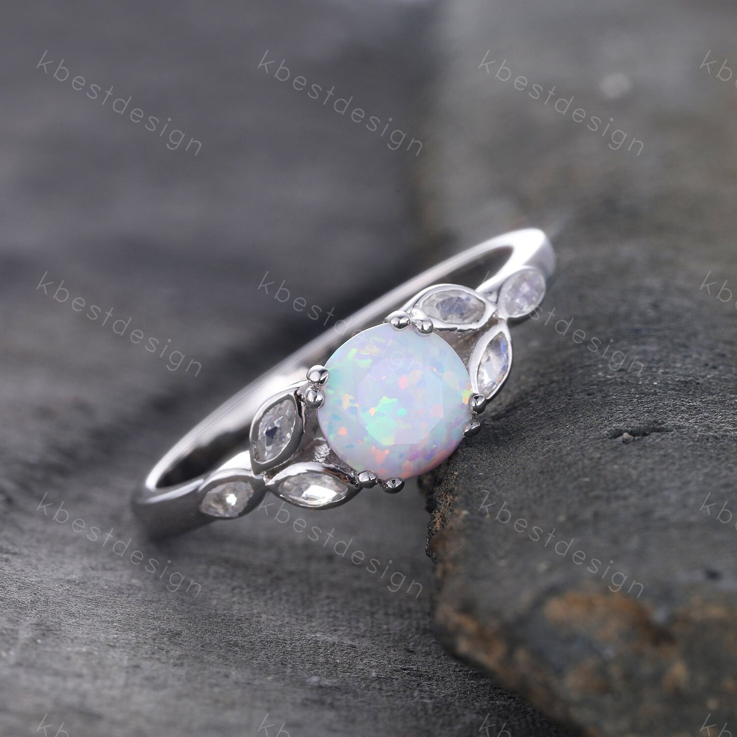 Vintage Opal Engagement Ring Marquise cut Moonstone Stone Ring White Gold Opal Ring Opal Rings for Women Promise Anniversary Ring