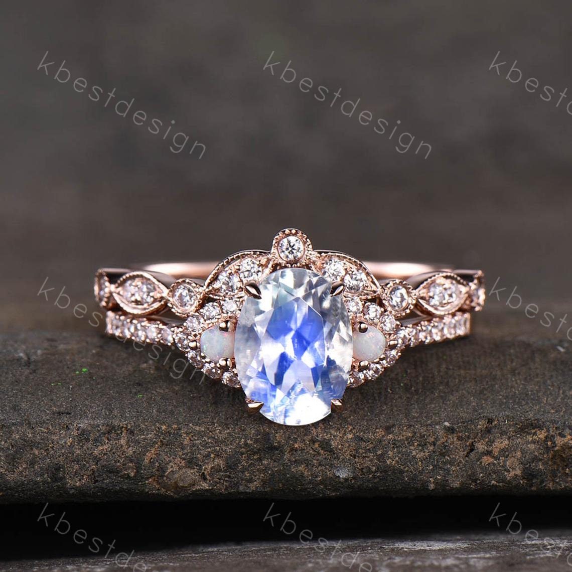 Rose Gold Moonstone Ring, Moonstone Engagement Ring Set, June Birthstone Ring, Unique Curved Stacking Matching Band, Anniversary Ring