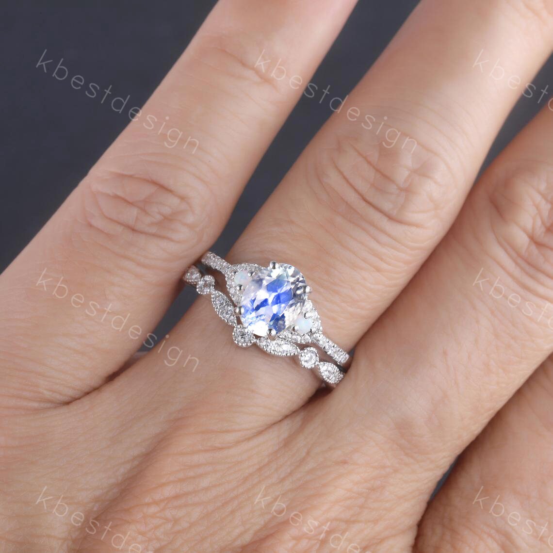 Rose Gold Moonstone Ring, Moonstone Engagement Ring Set, June Birthstone Ring, Unique Curved Stacking Matching Band, Anniversary Ring