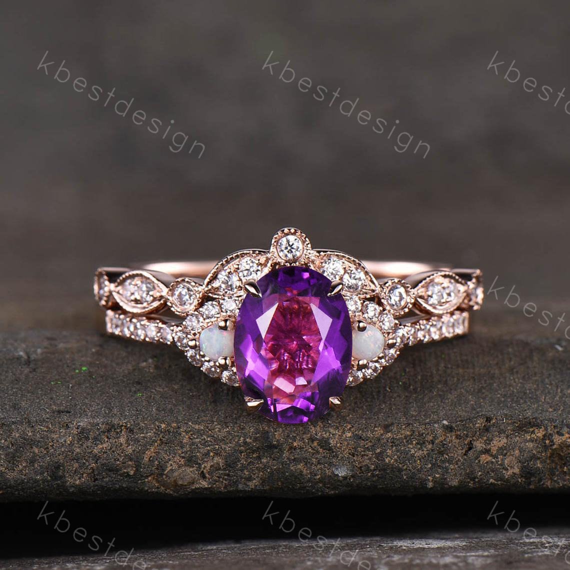 Purple Amethyst Ring, Vintage Engagement Ring Set, Rose Gold Ring, February Birthstone Ring, Art Deco Bridal Ring Set, Anniversary Ring