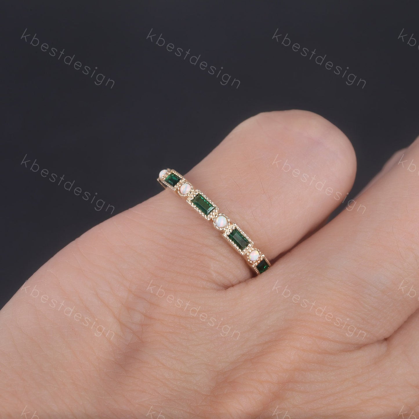 Emerald Wedding Band Baguette Emerald and Opal Wedding Ring Eemrald Gold Ring Vintage Art Deco Stacking Band Anniversary Ring Gift