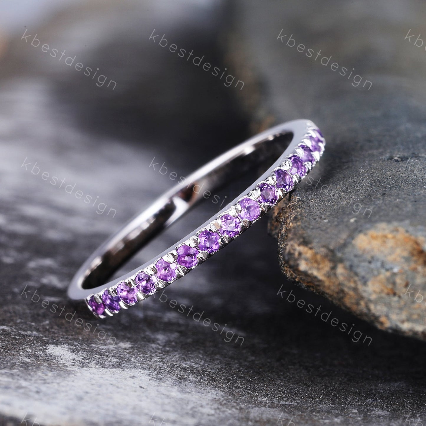 Amethyst Wedding Band, 1.5mm Half Eternity Amethyst Wedding Ring, Sterling Silver Ring, February Birthstone, Gemstone Band, Matching Band