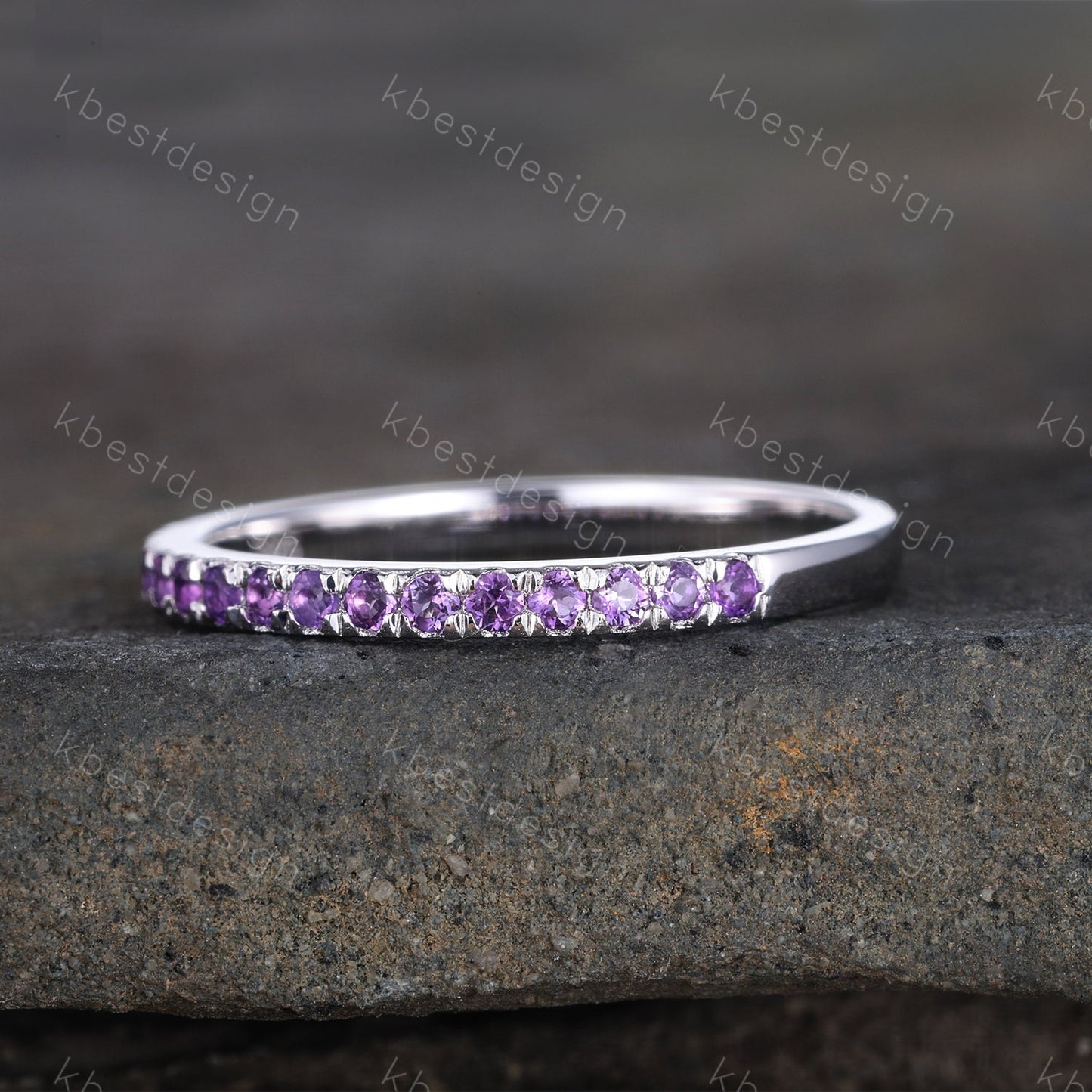 Amethyst Wedding Band, 1.5mm Half Eternity Amethyst Wedding Ring, Sterling Silver Ring, February Birthstone, Gemstone Band, Matching Band