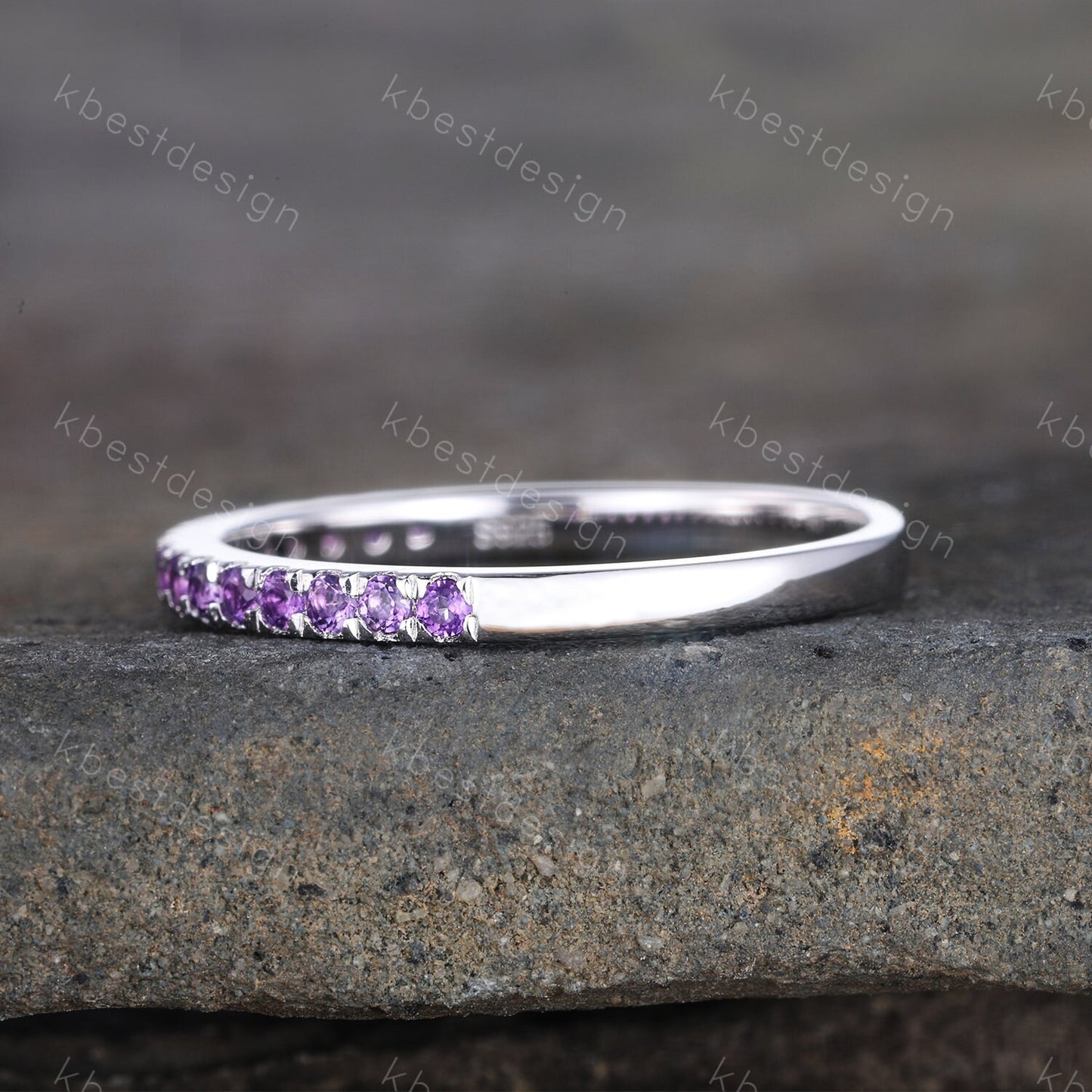 Amethyst Wedding Band, 1.5mm Half Eternity Amethyst Wedding Ring, Sterling Silver Ring, February Birthstone, Gemstone Band, Matching Band
