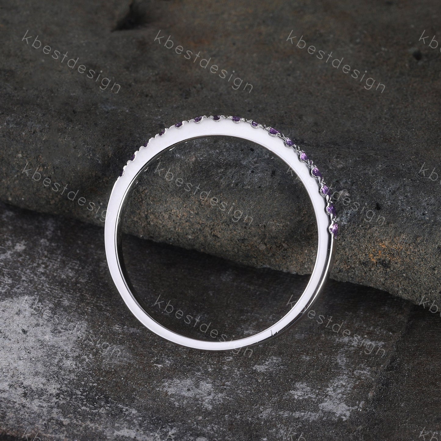 Amethyst Wedding Band, 1.5mm Half Eternity Amethyst Wedding Ring, Sterling Silver Ring, February Birthstone, Gemstone Band, Matching Band