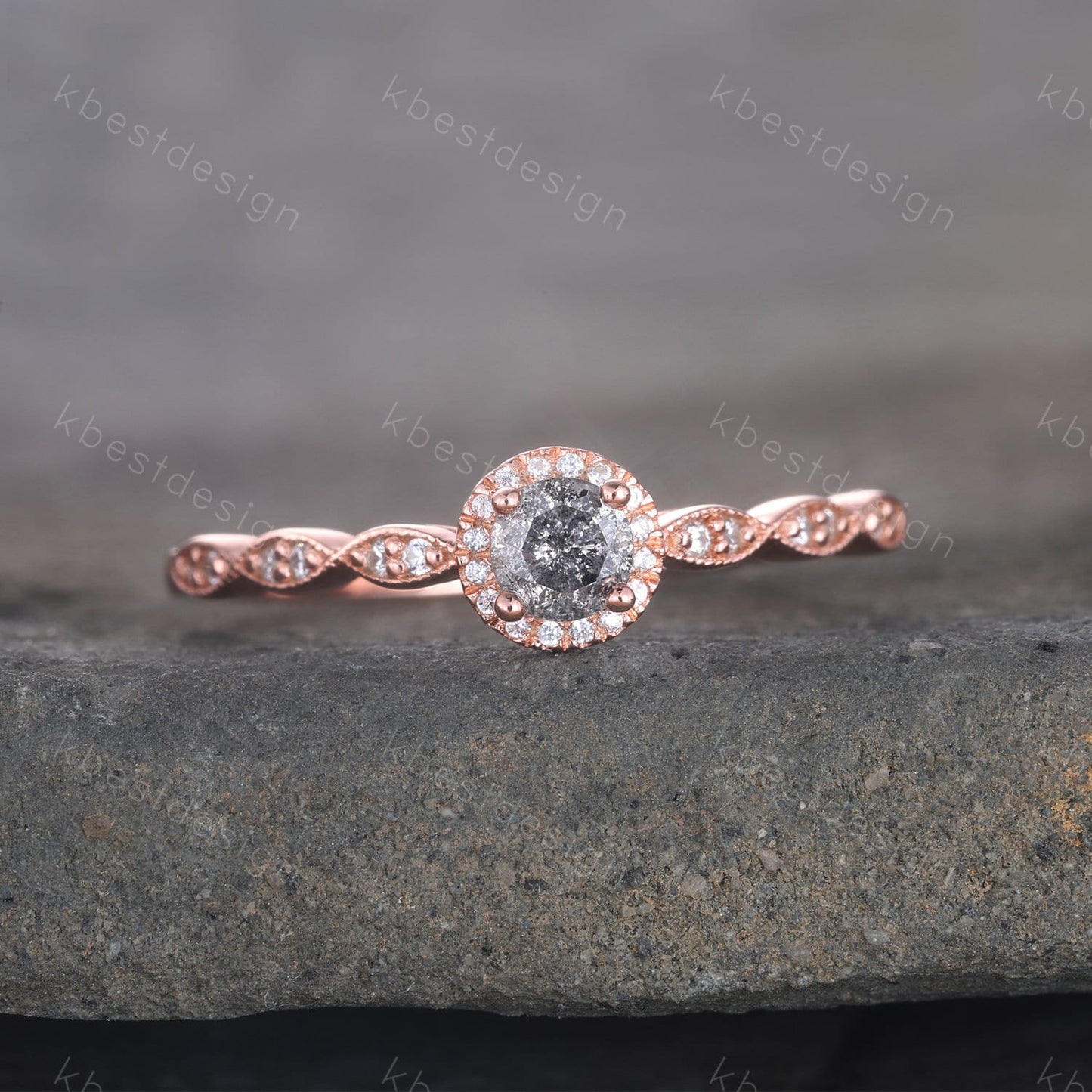 Vintage Salt and Pepper Diamond Engagement Ring Rose Gold Ring Dainty Halo Wedding Ring Art deco Wedding Ring Bridal Anniversary Ring