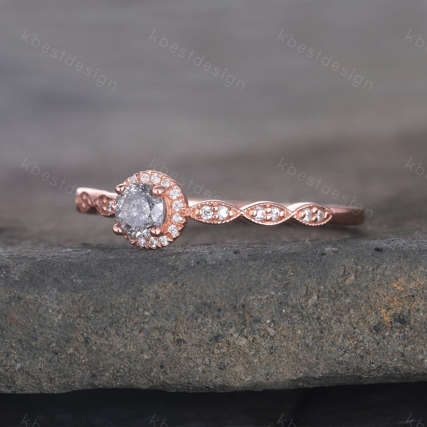 Vintage Salt and Pepper Diamond Engagement Ring Rose Gold Ring Dainty Halo Wedding Ring Art deco Wedding Ring Bridal Anniversary Ring
